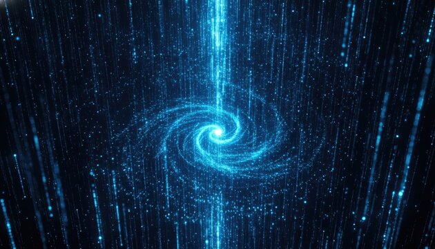 Swirling spiral of glowing blue digital particles creates a galaxy effect resembling a wormhole or energy vortex in a dark abstract space background.