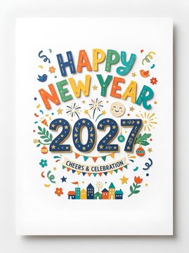 Happy New Year 2027 celebration poster. For New Year greeting cards, holiday party invitations, seasonal advertising campaigns, social media posts, event posters, calendars, digital banners, website
