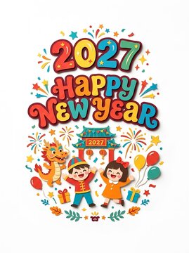 Happy New Year 2027 celebration poster. For New Year greeting cards, holiday party invitations, seasonal advertising campaigns, social media posts, event posters, calendars, digital banners, website