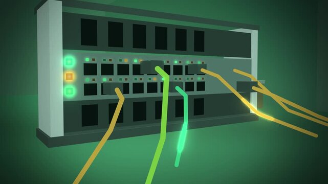 Network switch with patch cables plugging in tilted view appearing