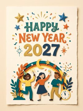 Happy New Year 2027 celebration poster. For New Year greeting cards, holiday party invitations, seasonal advertising campaigns, social media posts, event posters, calendars, digital banners, website