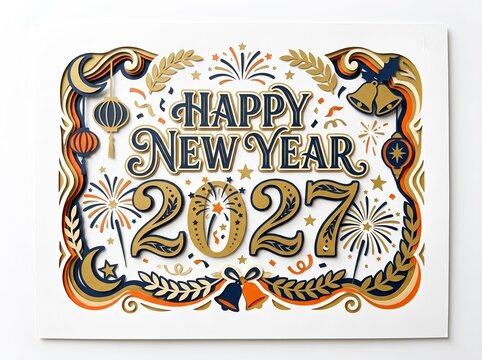 Happy New Year 2027 celebration poster. For New Year greeting cards, holiday party invitations, seasonal advertising campaigns, social media posts, event posters, calendars, digital banners, website