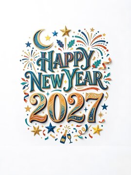 Happy New Year 2027 celebration poster. For New Year greeting cards, holiday party invitations, seasonal advertising campaigns, social media posts, event posters, calendars, digital banners, website