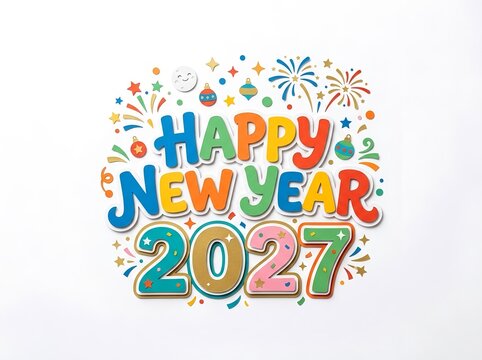 Happy New Year 2027 celebration poster. For New Year greeting cards, holiday party invitations, seasonal advertising campaigns, social media posts, event posters, calendars, digital banners, website