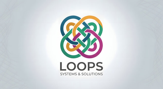 Modern intertwined loops logo design, colorful knot symbol for systems and solutions, abstract geometric infinity loop icon for corporate branding
