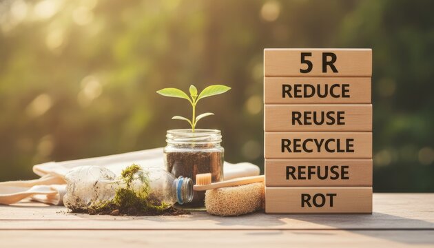Wooden blocks listing the 5 R principles for sustainability sit beside a small plant, a plastic bottle, and cleaning items on a wooden surface at sunset.