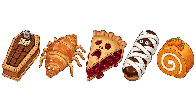 halloween bakery dessert row with ghost pie and eclair