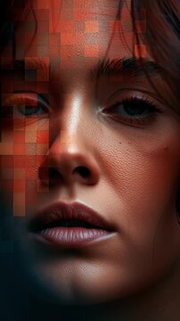 Surreal artistic video of a face dissolving into a digital grid of pixels
