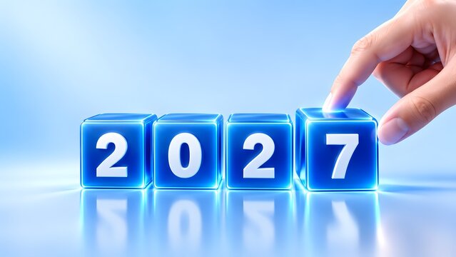Hand arranging glowing blue cubes to display numbers against a light background. Concept of corporate strategy, futuristic planning, and paradigm shift for next generation goals.