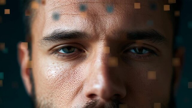 Abstract conceptual video of a human portrait undergoing technological pixelation