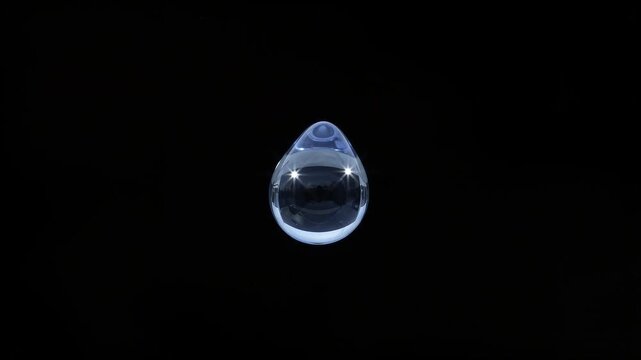 Single clear water drop falling against a solid black background for