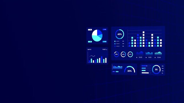 Data metrics business dashboard shown in perspective overview tracking percentage meters, data bars, and audience statistics.