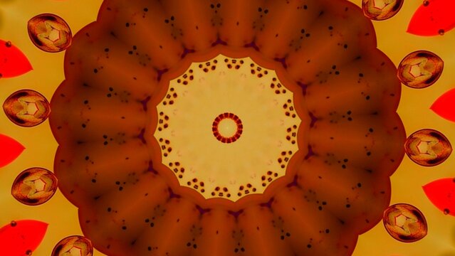 Abstract Kaleidoscope Pattern with Warm Colors and Geometric Shapes.