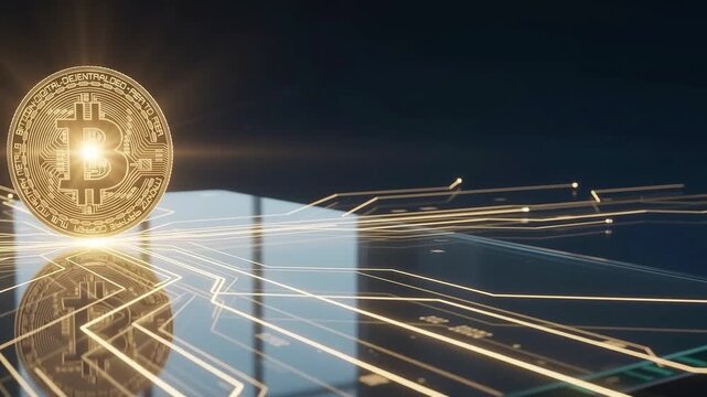Futuristic Digital Cryptocurrency Coin on a Glowing Electronic Circuit Board 3D Animation Background
