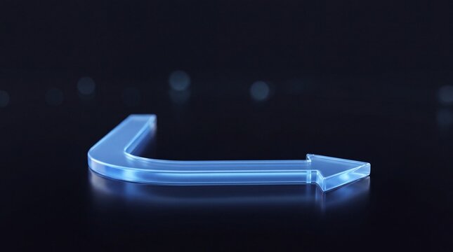 Transparent blue arrow turning 90 degrees on a dark abstract background with bokeh lights, signifying direction change or progress