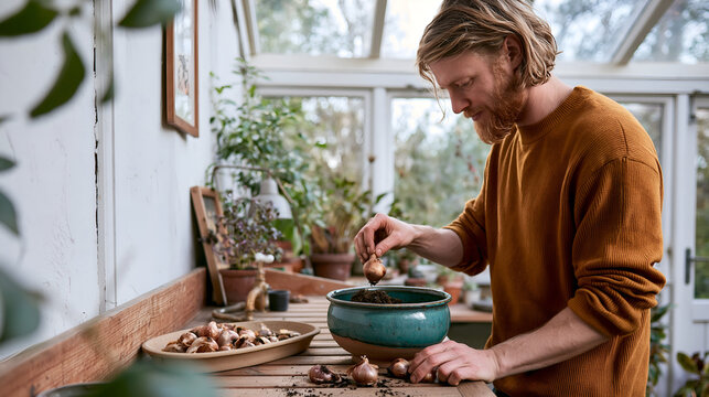 Young man planting tulip bulbs into a glazed pot at a potting bench