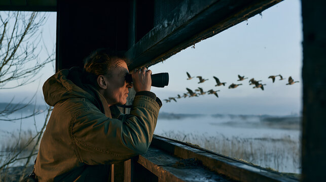 Man with binoculars watching migrating geese from a bird hide