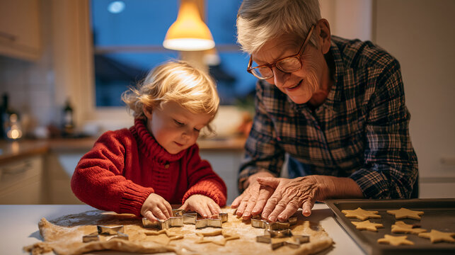 Grandmother and grandchild cutting gingerbread stars at a table