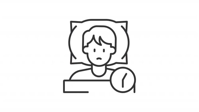 Nighttime rest struggle outline animation. Late night wellness habits animated icon. Person lying in bed. Mental load and relaxation. Flat line motion graphic loop on transparent white