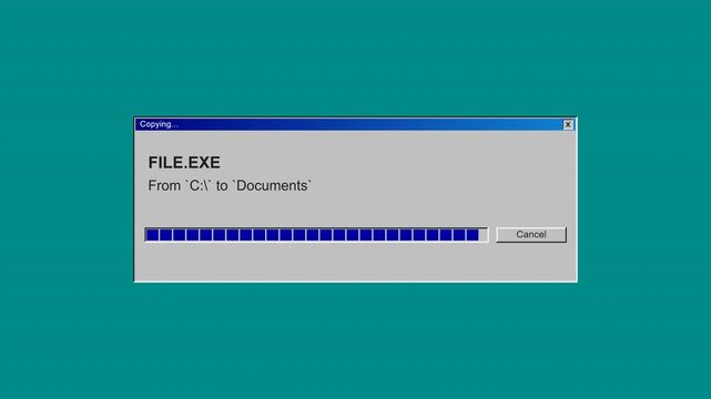 Authentic 1990s desktop computer interface animation featuring a classic file copying dialog box with a segmented progress bar.