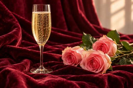 Champagne flute and pink roses resting on richly folded burgundy velvet