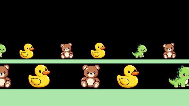 Cute animated seamless loop of cartoon baby toys including ducks bears and dinosaurs parading