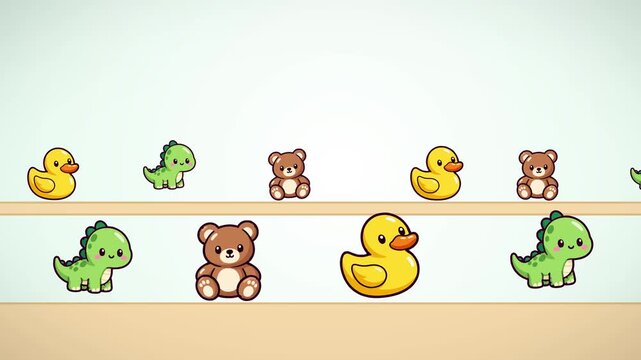 Cute animated playful cartoon toys parading and moving across light shelves in a seamless loop motion