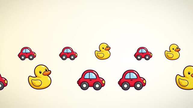 Cheerful cartoon animation of cute yellow rubber ducks and red toy cars moving slowly in a seamless loop