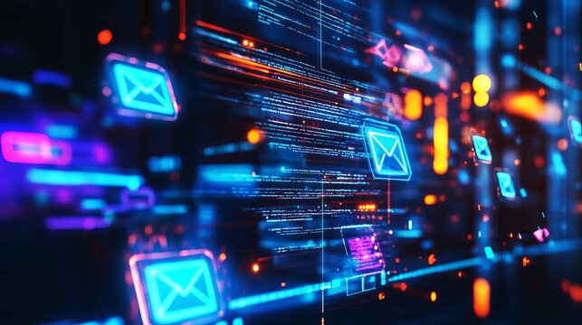 Digital email icons glowing brightly amidst abstract futuristic cyber technology network data streams and code displays