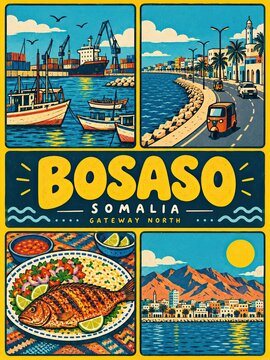Illustrated Bosaso, Somalia travel poster featuring a harbor, coastal road, local dishes, and a seaside cityscape.
