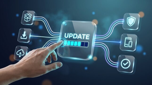 Human hand touching floating update progress bar icon surrounded by glowing software control buttons representing system upgrade installation and technological modernization processes