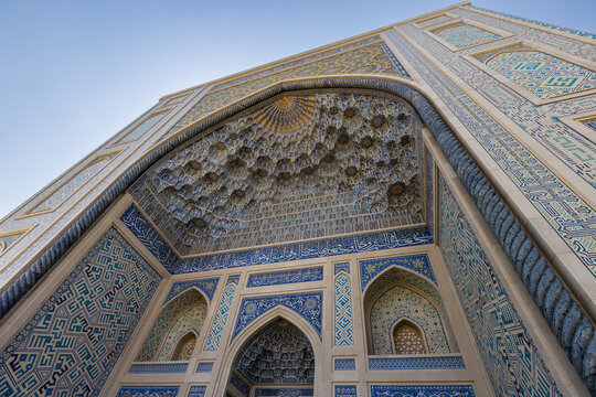Beautiful entrance arch (pishtaq) at the Islamic Civilization Center in Tashkent, Uzbekistan. The honeycomb-like structures are called muqarnas