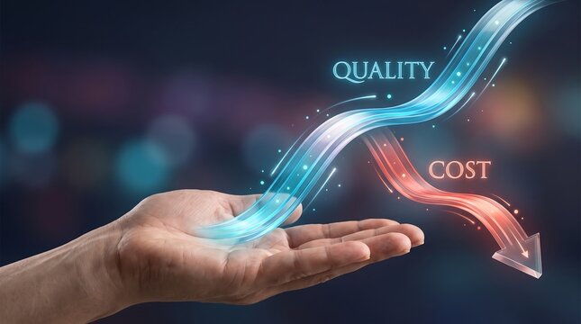 Human hand presenting glowing digital chart showing increasing product quality and decreasing production cost as a metaphor for business optimization and operational efficiency