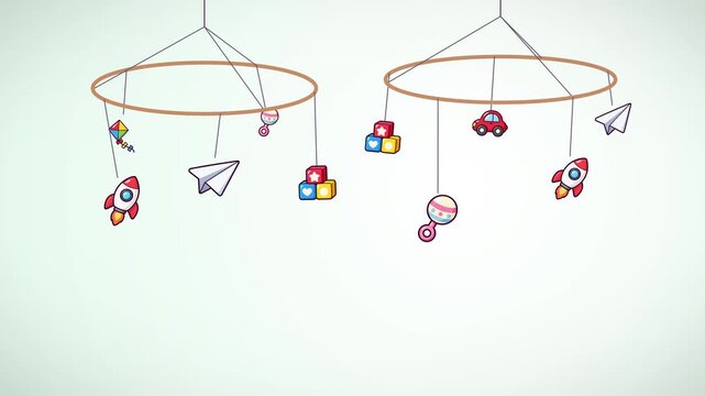 Bright animated baby crib mobiles with colorful toys gently spinning and moving on a clean mint background loop