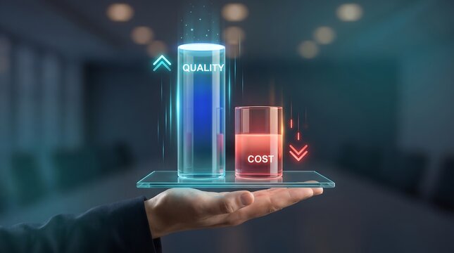 Business hand holding digital glass cylinders representing rising quality and falling cost metrics for strategic optimization and professional corporate growth management conceptual visualization