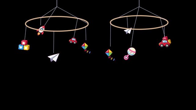 Colorful cartoon baby mobiles gently swaying with infant nursery toys looping alpha motion