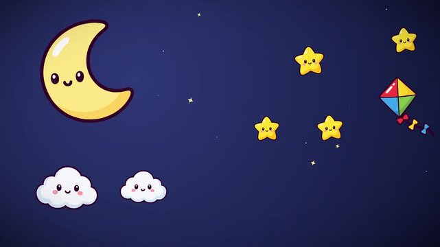 Cute dreamy animated night sky with happy moon and stars flying a colorful kite above fluffy clouds seamless loop