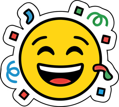 A bright and cheerful illustration features a happy yellow smiley face enjoying a lively celebration with colorful party decorations and falling confetti