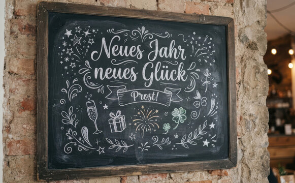 Neues Jahr neues Gl&uuml;ck Prost Tafel Spruch Silvester Neujahr Neujahrsw&uuml;nsche Party Dekoration Gl&uuml;ckwunschkarte