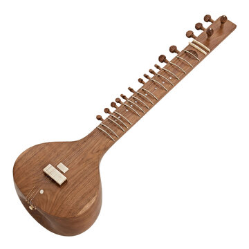 Pear-resonator sitar, a long walnut-brown Indian string instrument with a pear-shaped gourd body and tuning pegs, isolated on transparent background