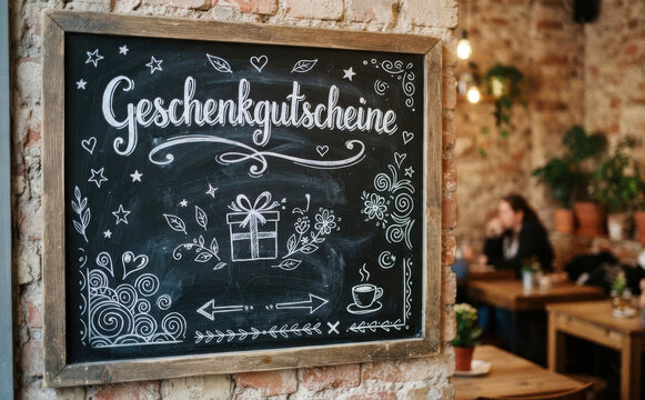 Geschenkgutscheine Tafel mit Kreidezeichnung in einem gemuetlichen Cafe im Vintage Stil
