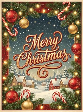 Vintage Christmas Greeting Poster with Traditional Christian Holiday Symbols