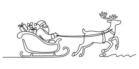 Santa claus riding a sleigh with reindeer in a continuous line drawing isolated on transparent background © Shuvo Mohonto