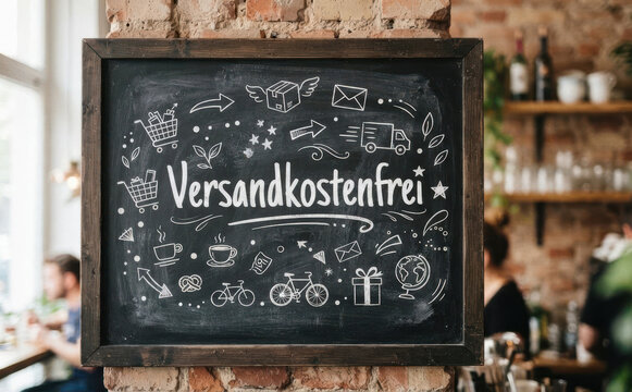 Versandkostenfrei - Kreidetafel mit handgezeichneten Versand und Shopping Symbolen f&uuml;r Online Handel