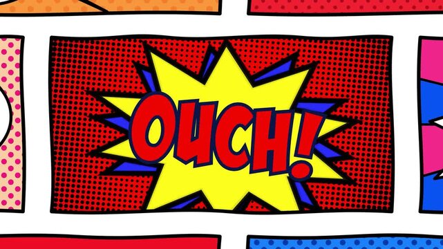 Comic book burst with OUCH! Text popping onto red halftone panel in pop art style. White letters on yellow starburst assemble over green screen. Fun retro sound effect for memes and social media.
