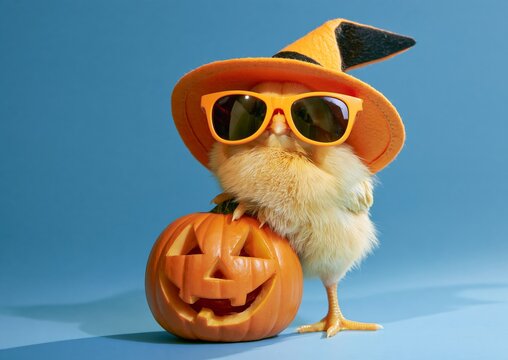 happy halloween concept holiday funny animal greeting card - Cool cute chick with sunglasses, witch hat and pumpkin, isolated on blue background