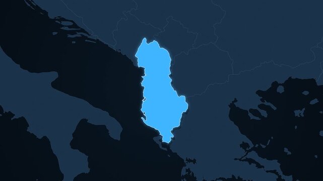 Albania highlighted on a map of Europe with glow