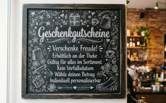 Geschenkgutscheine Tafel mit Verschenke Freude Text f&uuml;r Gutschein im Gesch&auml;ft