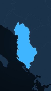 Albania highlighted on a map of Europe with glow vertical video