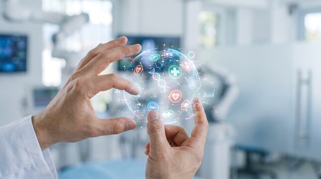 Innovative Digital Health Solutions Doctor Interacting with a Futuristic Global Medical Network Display in a Modern Hospital Environment